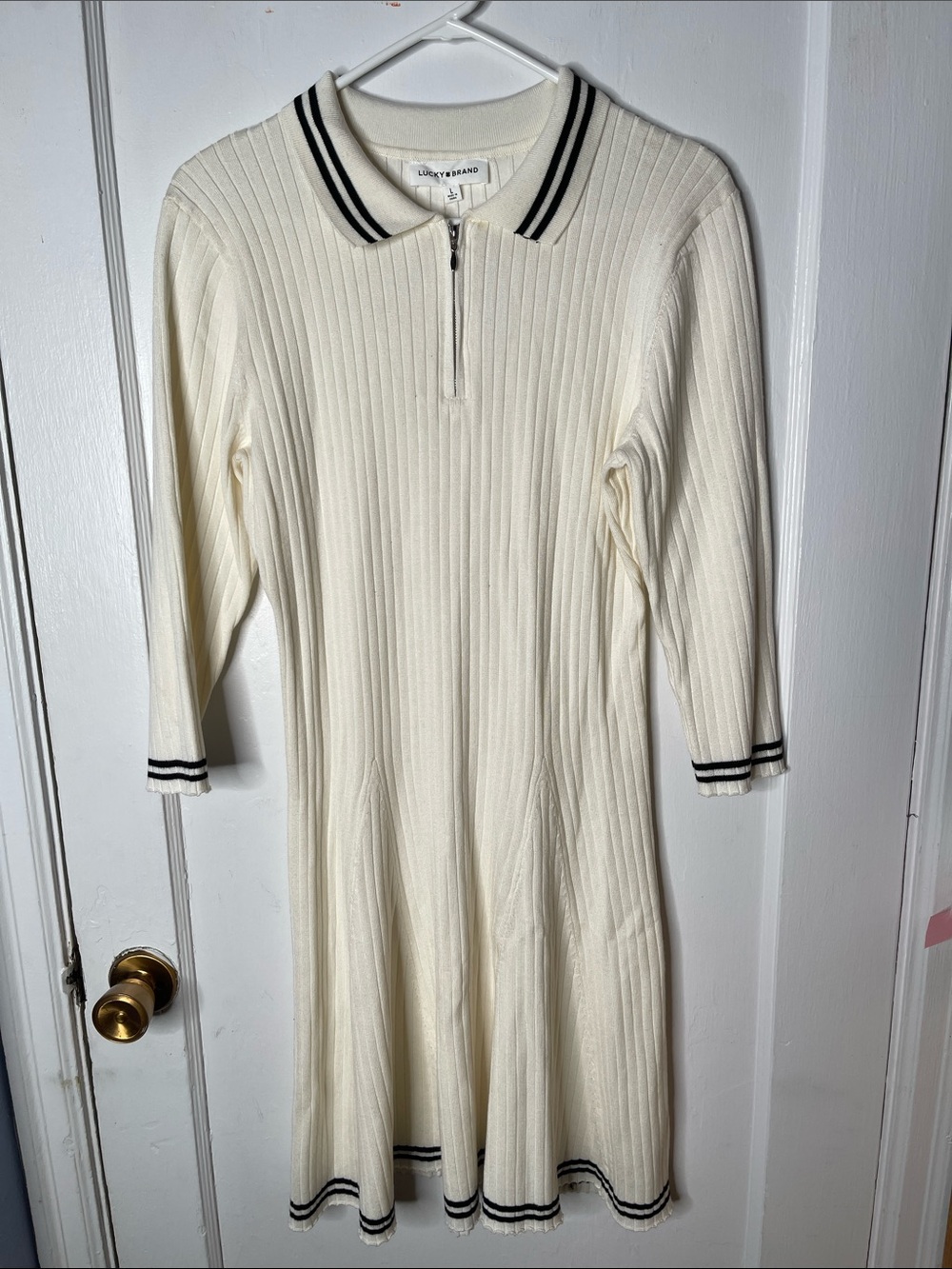 Lucky Ribbed Sweater Dress Large Nwt White Black Zip Polo 3/4 Sleeve Skater L